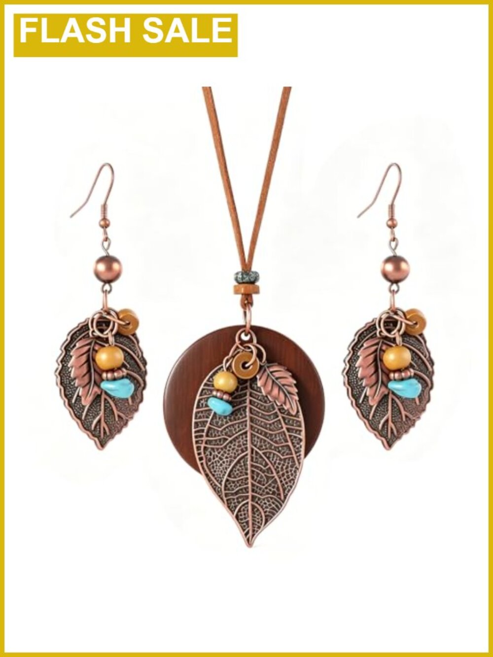Bohemian Wood Leaf Pendant Necklace & Earrings Set Leather Hemp Rope Bronze
